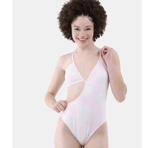 Vivid White Iridescent ASYMMETRICAL One-Piece Swimsuit, Size L.